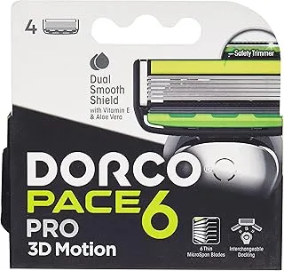 DORCO Pace 6 Pro 3D Motion Men's Blade Refill, 4 Count ' 1 Unit, Dual Smooth Shield with Vitamin E, Aloe Vera & Argan Oil, Easy-Rinsing, Safe Trimmer and Slim Cartridge