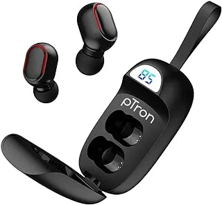 سماعات رأس pTron Basspods 381 True Wireless Bluetooth 5.1 مع جهير عميق ، وقت تشغيل 5 ساعات ، مساعدة صوتية ، سماعات أذن TWS مقاومة للضوضاء ، وميكروفون عالي الدقة وحقيبة عرض رقمية (أسود)