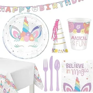 Party Centre Unicorn Premium Tableware Party Supplies for 8 Guests, Includes Horn Hats and Banner