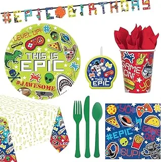 amscan Party Centre Epic Premium Tableware Supplies for 8 Guests, Includes Birthday Candle and Banner