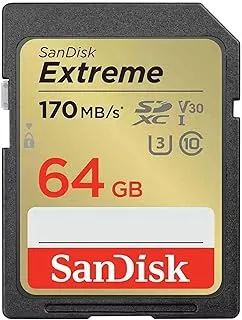 SanDisk 64GB Extreme SDXC card + RescuePRO Deluxe, up to 170MB/s, UHS I, Class 10, U3, V30 SDSDXV2 064G GNCIN, Black