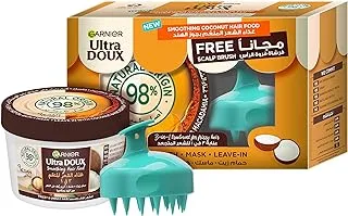 Garnier Ultra Doux Smoothing Coconut 3-in-1 Hair Food For Frizzy Hair 390ml + FREE Scalp Brush