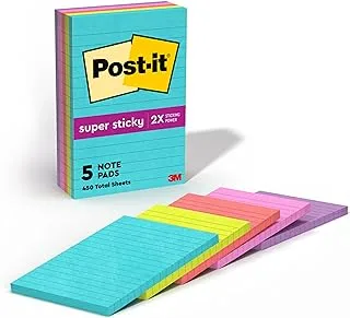 Post-it Super Sticky Notes, 4 in x 6 in, 5 Pads, 2X The Sticking Power, Miami Collection, Neon Colors (Orange, Pink, Blue, Green), Recyclable (660-5SSMIA)