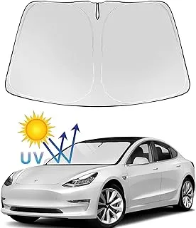 Showay Tesla Model Y Model 3 Windshield Sunshade Folding Sun Visor Protector Sun Shade Cover 2022 Upgrade, Black & Silver