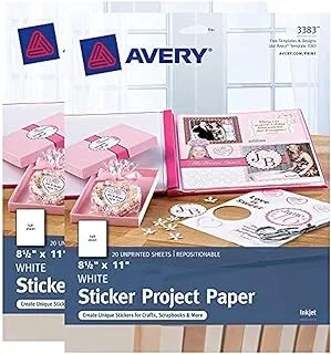 Avery Repositionable Sticker Project Paper, Matte White, 21.6 cm x 27.9 cm, 2 Pack, 40 Sheets Total (32132)