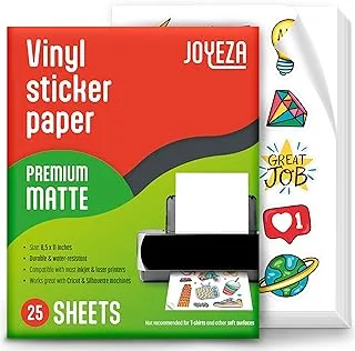 JOYEZA Premium Printable Vinyl Sticker Paper for Inkjet Printer - 25 Sheets Matte White Waterproof, Dries Quickly Vivid Colors, Holds Ink well- Tear Resistant & Laser