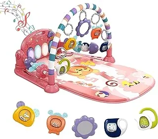 Baby Play Mat Gym, Kick and Piano Tummy Time Activity Gym with 5 Infant Learning Sensory Toys, Music Lights Boy & Girl Gifts for Newborn 0 to 3 6 9 12 Months (Pink)