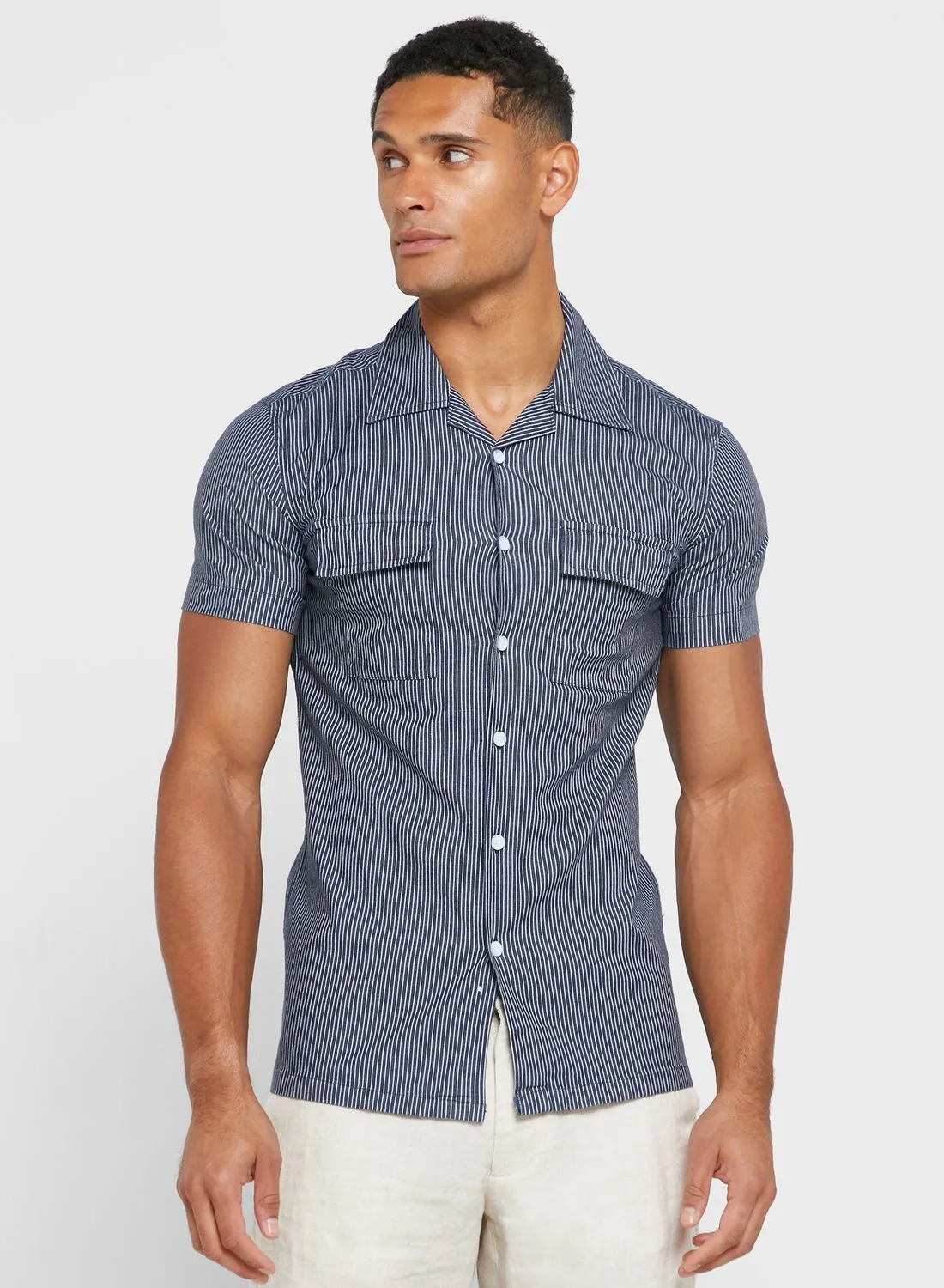 Seventy Five Short Sleeve Denim Stripe Shirt