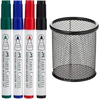 Faber Castell Whiteboard Marker Bullet Set Of 4Pc + Duster, ASSORTED, 1587D & Maxi Mesh Pen and Pencil Holder Metal Mesh Office Desk Pen Organizer Black, PCBL