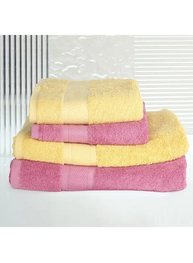 White Rose 4 Piece Bathroom Towel Set NEW GENERATION 450 GSM 100% Cotton Terry 2 Bath Towel 70X140 cm & 2 Hand Towel 50x90 cm Pink & Yellow Color Soft Feel Super Absorbent