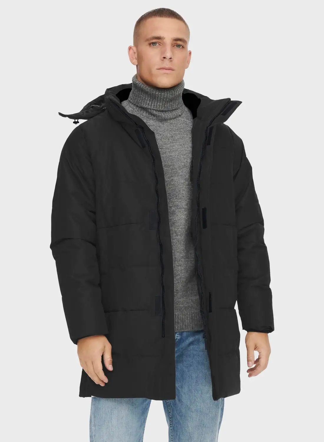 Only & Sons Zippered Long Quilted Coat