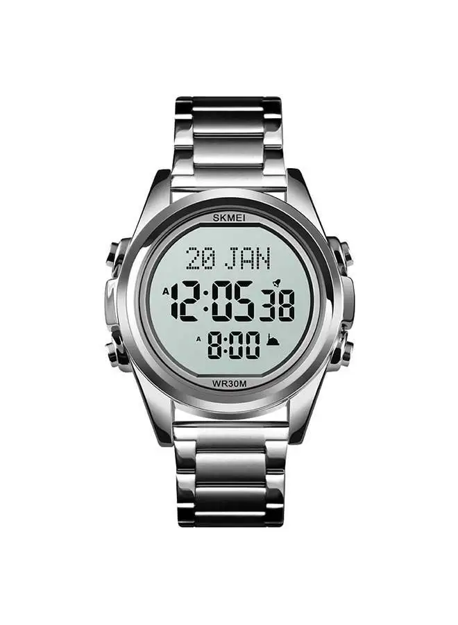 SKMEI Men's 1667 Stainless Steel Back Digital Alfajr Azan Prayer Wrist Watch - 44 mm - Silver