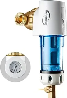 iSpring WSP100GR Reusable Spin Down Sediment Water Filter 100 Micron with Built-in Housing Scraper, 360° Rotatable Head, Pressure Gauge, Blue