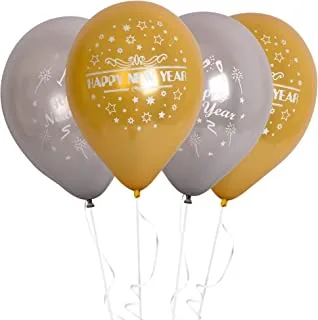 بالونات Fun® Helium Happy New Year 10 بوصة - بالونات رأس السنة الذهبية والرمادية لتزيين رأس السنة الجديدة السعيدة | بالون لاتكس لمستلزمات حفلات رأس السنة الجديدة | زينة ناي (عبوة من 20 قطعة)