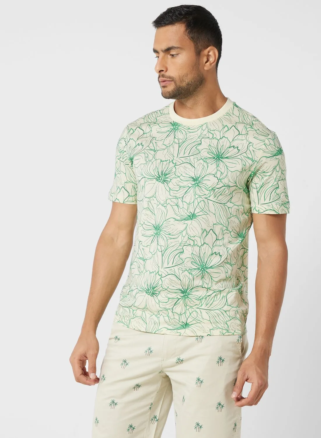 Mango Man Floral Print Crew Neck T-Shirt