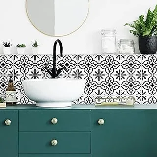 ملصق حائط عملاق مزخرف من RoomMates باللونين الأسود والأبيض قابل للتقشير واللصق ، سهل الحمام أو المطبخ باكسبلاش