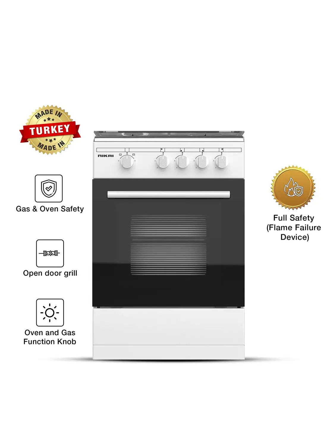 NIKAI 50x55cm Full Safety 4 Burner Free Standing Gas Cooker, Oven & Grill Function cooking range, Easy Cleaning, Robust Burners, Rapid Preheat, Made in Turkey U2110N5FS White