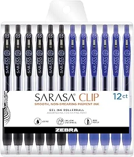 Zebra Pen Sarasa Clip قلم جل قابل للسحب ، سن رفيع ، 0.5 مم ، حبر أسود / أزرق ، 12 عبوة (44200)