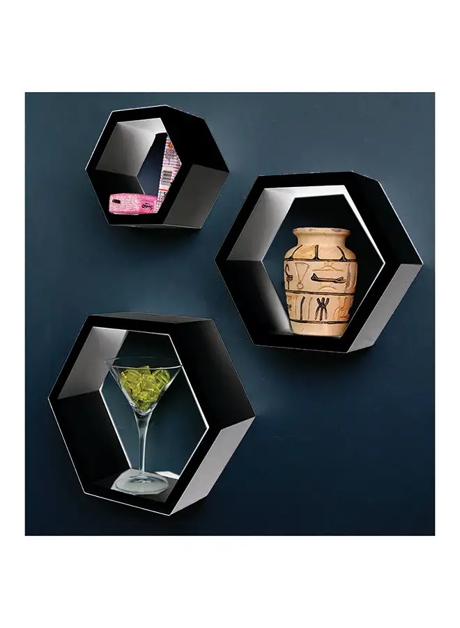 Feelings FLOATING WALL SHELVES HEXAGON SHAPE 3PCS SET BLACK Size: 30x9x26CM/ 26x9x22.5CM 22x9x19.10CM