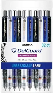 Zebra Pen DelGuard Mechanical Pencil with Lead Refill, Fine Point, 0.5mm, Black Barrel, Standard #2 HB Lead, Refillable, 32-Pack