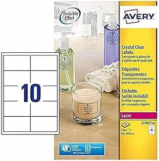 Avery L7783-25 Self-Adhesive Crystal Clear Transparent Labels, 10 Labels Per A4 Sheet