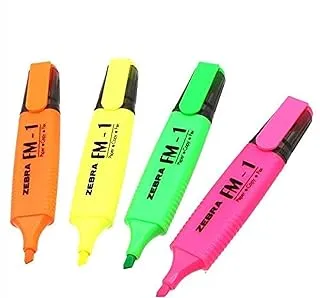 Zebra Fluorescent FM1 Highlighters Set of 4 Green Pink Orange and Yellow