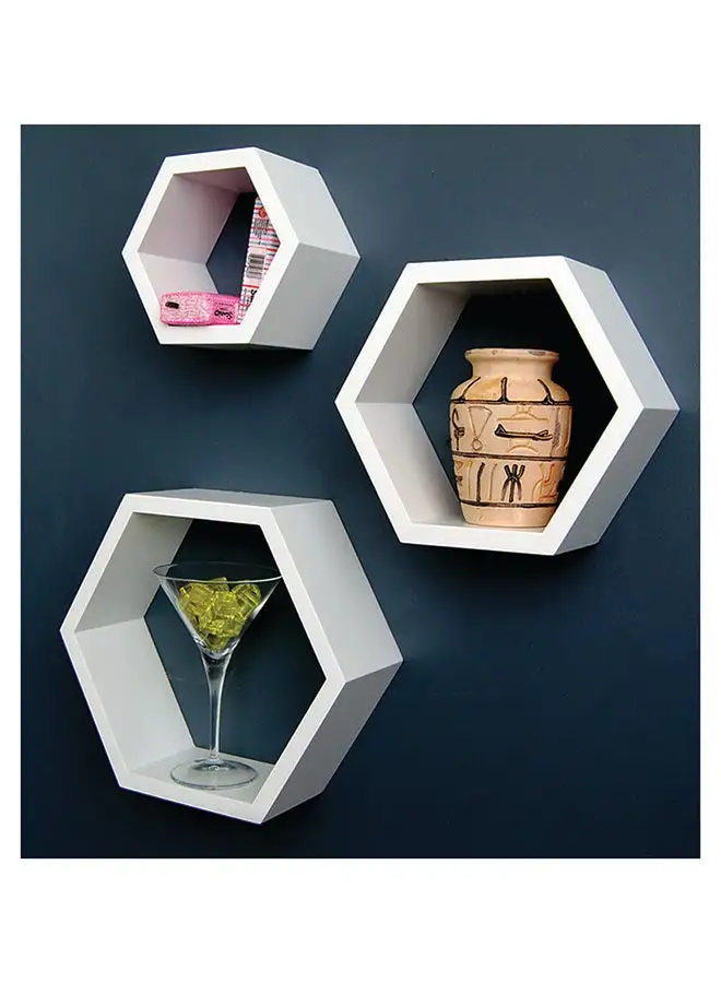 Feelings FLOATING WALL SHELVES HEXAGON SHAPE 3PCS SET WHITE , Size: 30x9x26CM/ 26x9x22.5CM 22x9x19.10CM