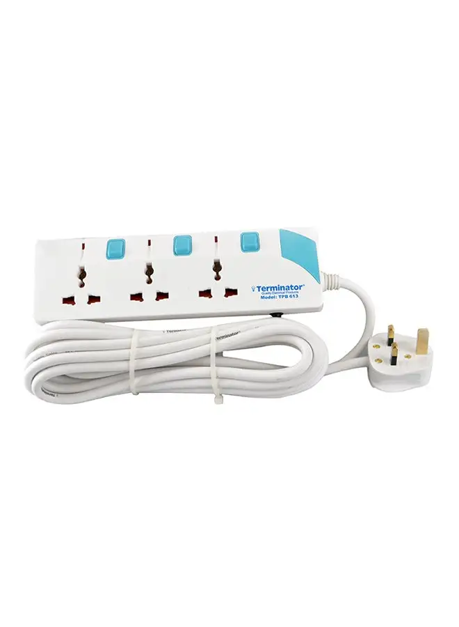 Terminator Power Board 3-Way Universal Extension Socket Cable White/Blue 3meter