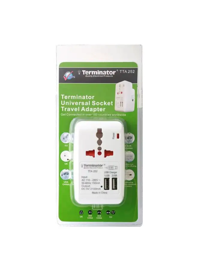 Terminator Universal Socket Travel Adapter 13A With 2 USB Sockets White