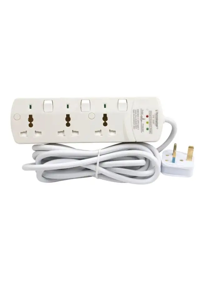 Terminator Surge Protection 3 Way Universal Power Extension Socket With Individual Switches & Indicators 3M 13A White 24x5x13cm