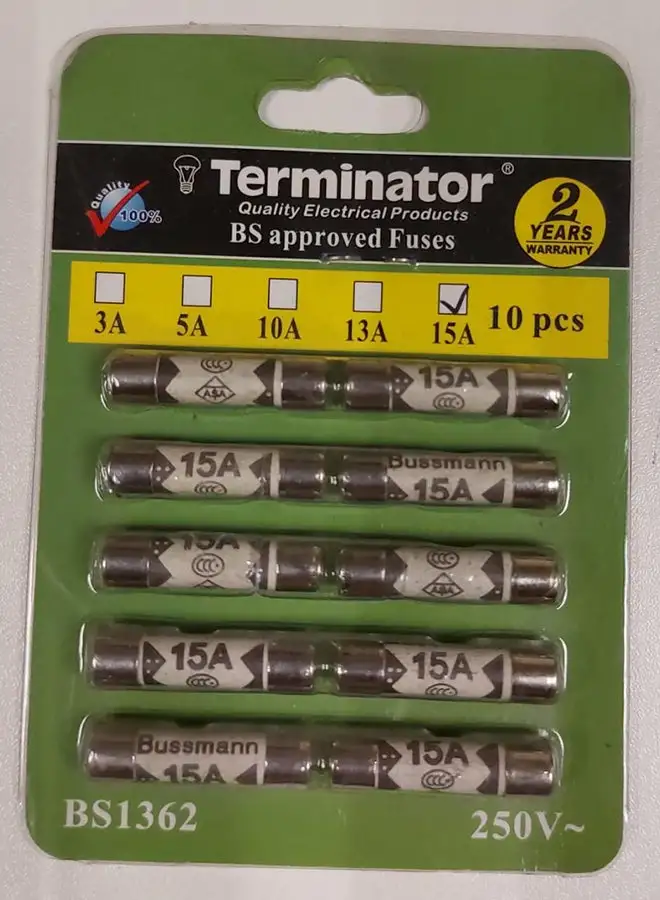 Terminator 10-Piece Ceramic Fuse 250V 15A Set Silver 25mm