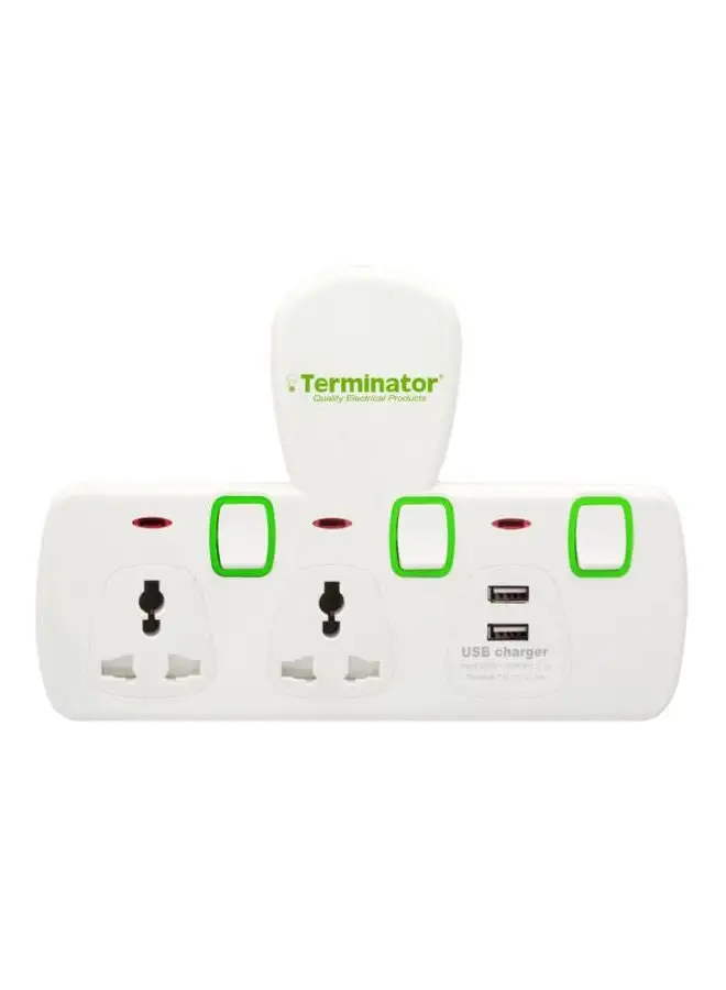 Terminator 2 Way Universal T Socket With 2 USB White/Green 28cm