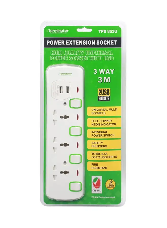 Terminator Power Extension 3 Socket 2 USB Charging Ports With 3 Meter Cable -TPB 853U White