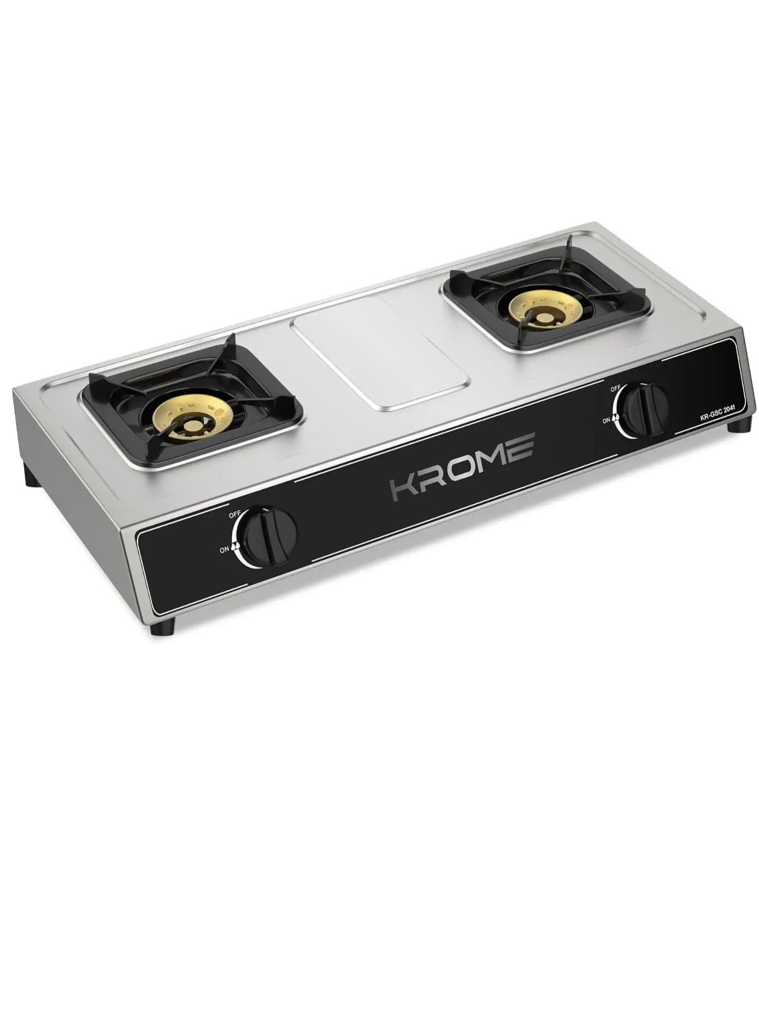 Krome Gas Stove 2 Burners, Auto Ignition, Double Brass Burners, 100MM Brass Burner Cap, LPG Kitchen Cooktop, Cast Iron Burner, Enamel Square Pan Support, Stainless Steel Body KR-GSC2041 Silver