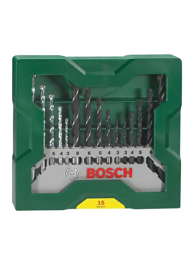 BOSCH BoschMini-X-Line Mixed Set 15 Pieces, 5 precision-ground HSS (High-Speed Steel) metal drill bits, 5 carbide-tipped masonry drill bits, 5 wood drill bits with a centering tip. | Model: 2607019675