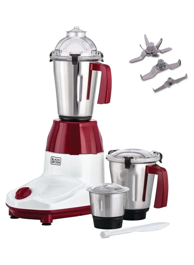 BLACK+DECKER 3-in-1 Multifunctional Mixer Grinder with 3 Jars Set: Blender, Wet & Dry Grinder and a Chutney Jar Years Warranty 750 W MG750-B5 white and red