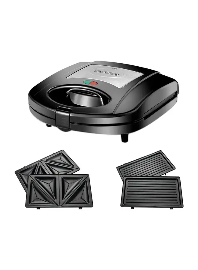 BLACK+DECKER Sandwich & Grill Maker Non-Stick 2-in-1 Interchangeable Sandwich and Grill Maker With Indicator and Ready to Cook Lights 2 Years Warranty 780.0 W TS2120-B5 Black and Sliver