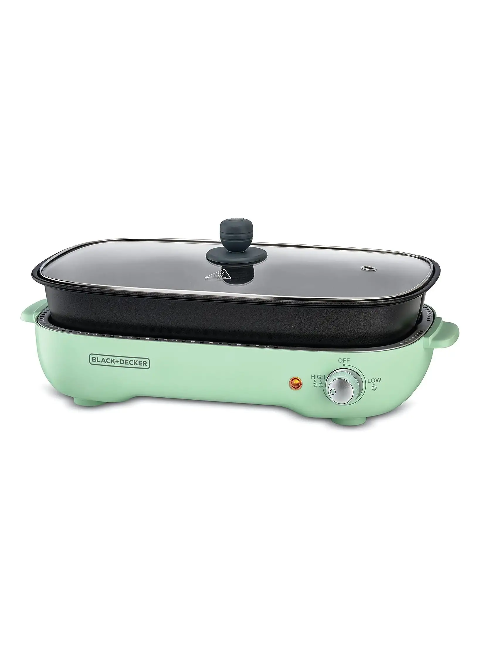 BLACK+DECKER Multifunction Grill, 4.0L Family-sized, Dual Pattern Grill Plate, 3 Interchangeable Non-stick Detachable Pans with Hotpot, For Grilling, Baking, Frying 1400 W GMF1400-B5 Mint Green