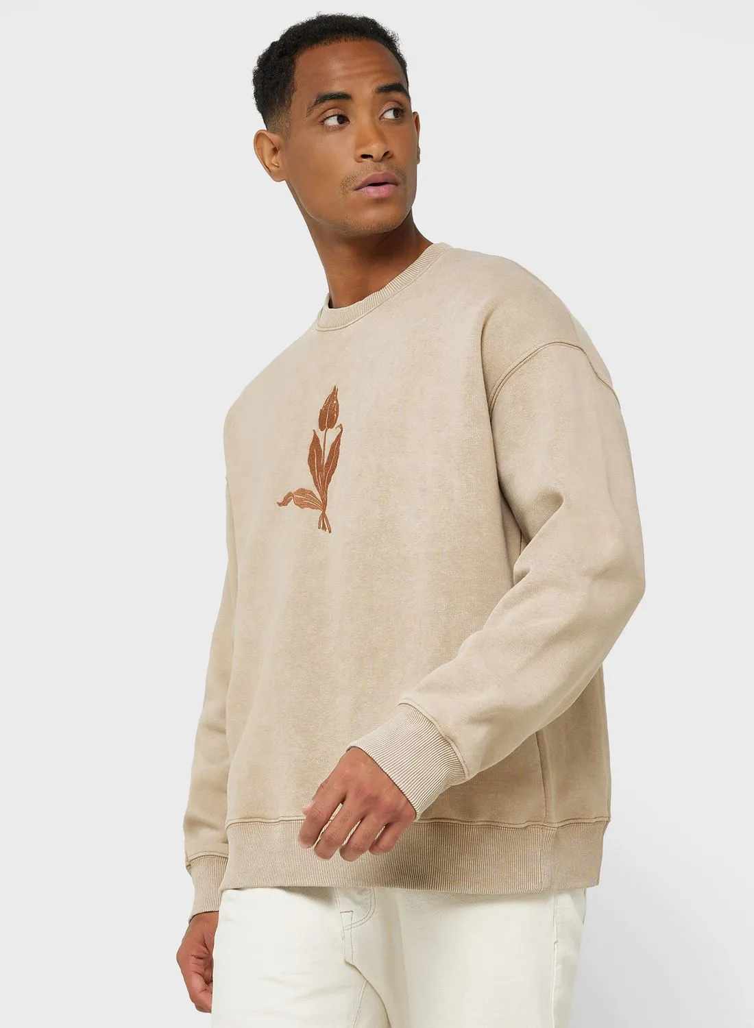 TOPMAN Oversized Tulip Embroidery Crew Neck Sweatshirt