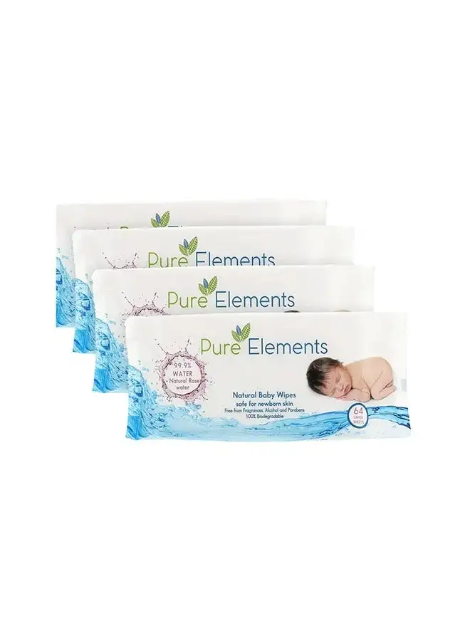 Pure Elements Rose Natural Baby Wipes 4 x 64, 256 Count