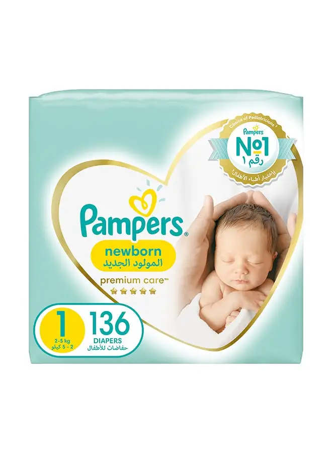 Pampers Premium Care Newborn Taped Diapers, Size 1, 2-5kg,  Softest Absorption for Ultimate Skin Protection, 136 Count