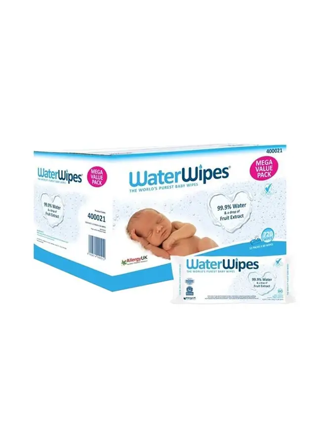 مناديل مبللة للأطفال من WaterWipes Mega Value Box - عبوة مكونة من 12 كيسًا × 60 ورقة، 720 منديلًا