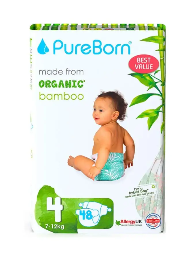 PureBorn Pack Of 48 Natural Bamboo Baby Disposable Size 4 Diapers, 7 To 12 Kg