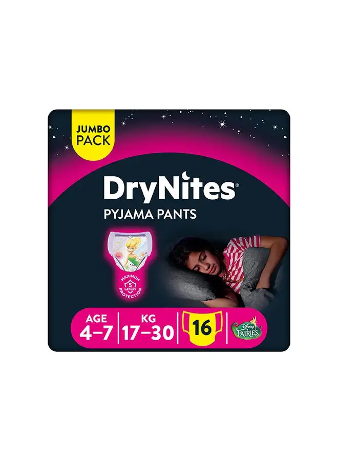 Huggies DryNites Pyjama Pants, 4-7 years, Bed Wetting Diaper, Girls, 17-30 kg, Value Pack, 16 Pants