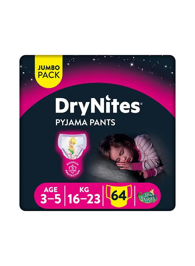 Huggies Dry Nites Pyjama Pants, 16 - 23 Kg, 3 - 5 Years, 64 Count (16 x 4) - Girls, Jumbo Pack, Maximum 5 Layer Protection, Disney Fairies