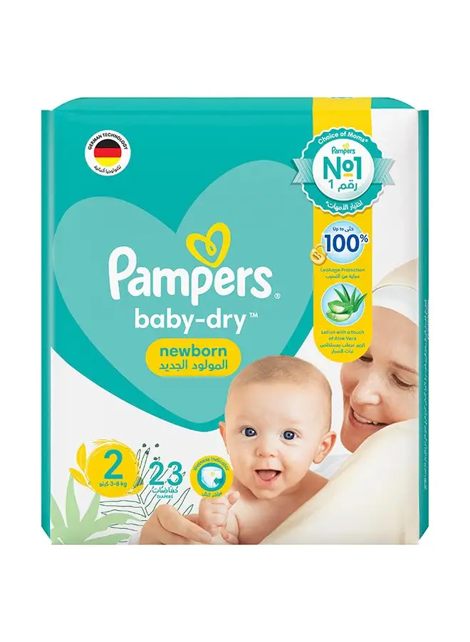 Pampers Baby-Dry Newborn Taped Diapers with Aloe Vera Lotion, Leakage Protection, Size 2, 3-8kg, Carry Pack, 23 Count