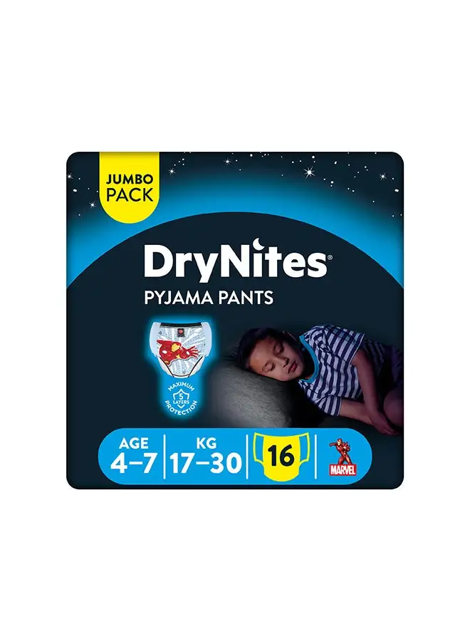 Huggies DryNites Pyjama Pants, 4-7 years, Bed Wetting Diaper, Boys, 17-30 kg, Value Pack, 16 Pants