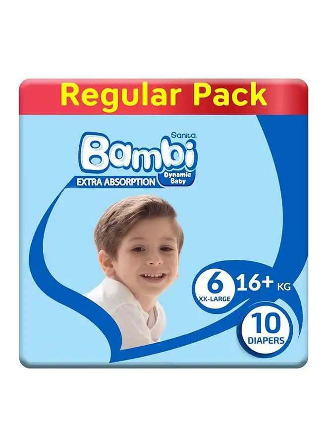 Sanita Bambi Baby Diapers, Size 6, 16+ Kg, 10 Count - XX Large, Regular Pack, Now Thinner And More Absorbent