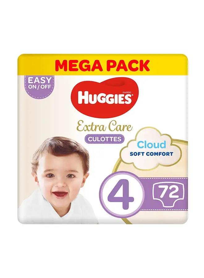 Huggies Extra Care Baby Pants Diapers, Size 4, 9 - 14 Kg, 72 Count (36 x 2) - Mega Pack, Cloud Soft Comfort, Dry Touch Layer