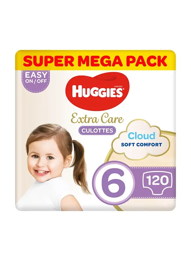 Huggies Extra Care Culottes, Size 6, 15 - 25 Kg, 120 Count (40 x 3) - Super Mega Pack, Cloud Soft Comfort, Dry Touch Layer